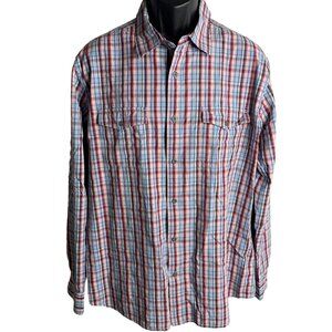 Paper Denim Cloth Button Up Shirt XL Blue Plaid Roll Tab Sleeve Pockets Cotton